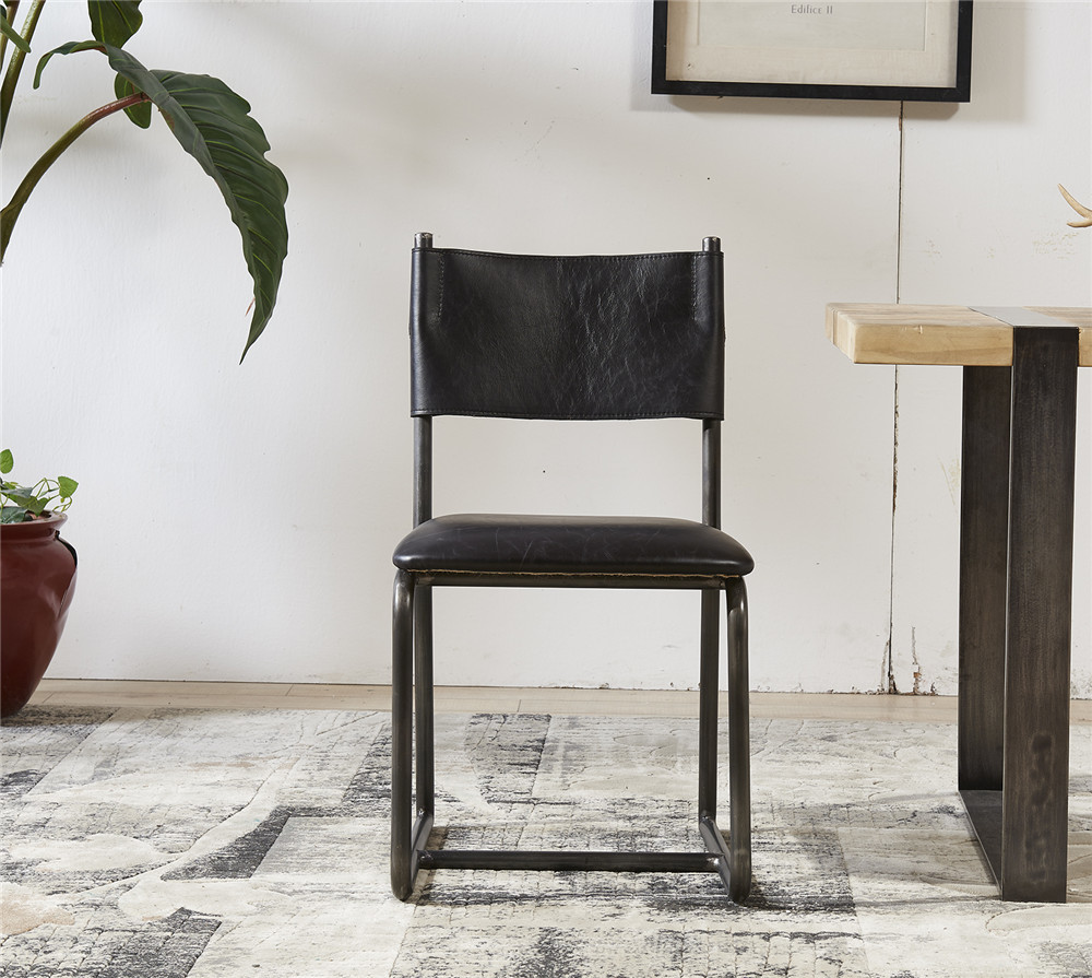 Vintage Top Genuine Black Leather Padded Dining Room Chairs Steel Frame European Style