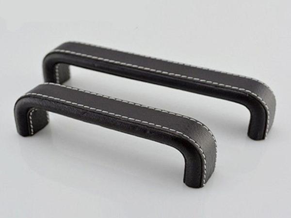 Square Arched Black Leather Furniture Handles Aluminum Cover Leather Pulls