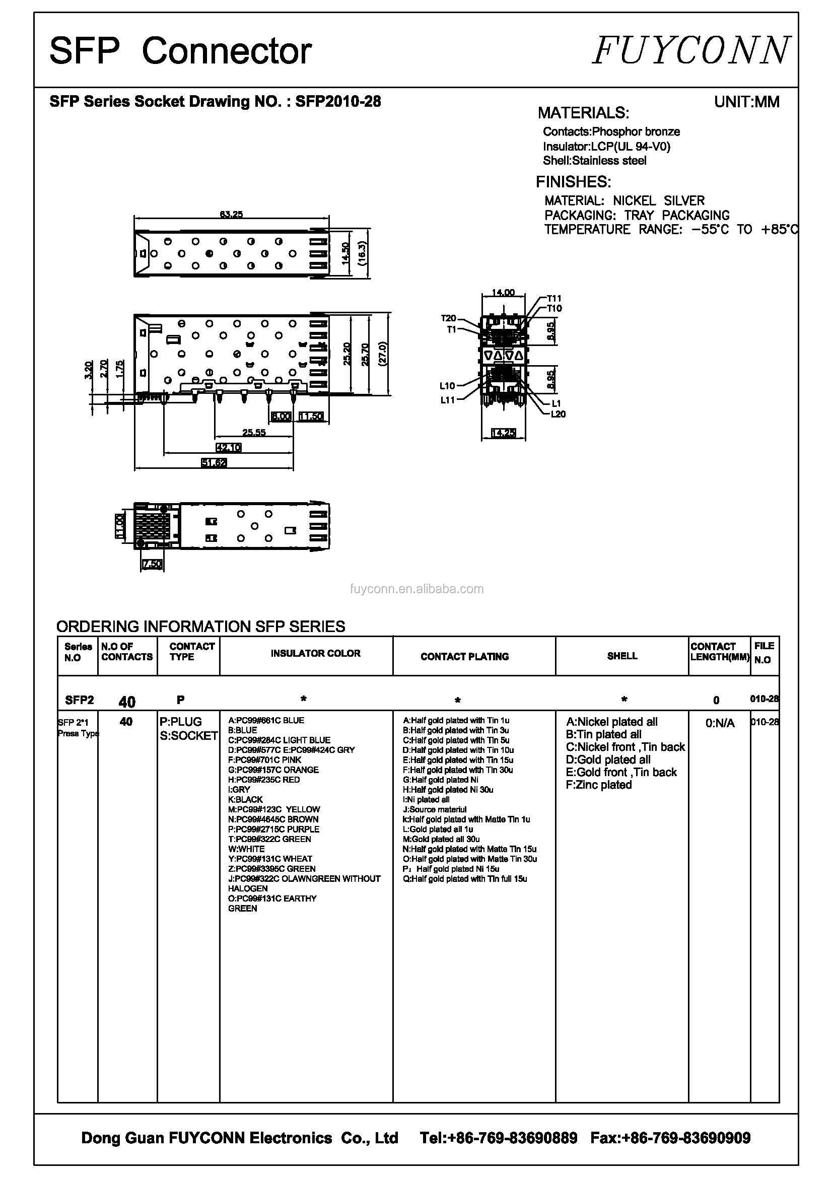 2x1 Female SFP Connector 40 Pin with Light Pipe Press-Fit