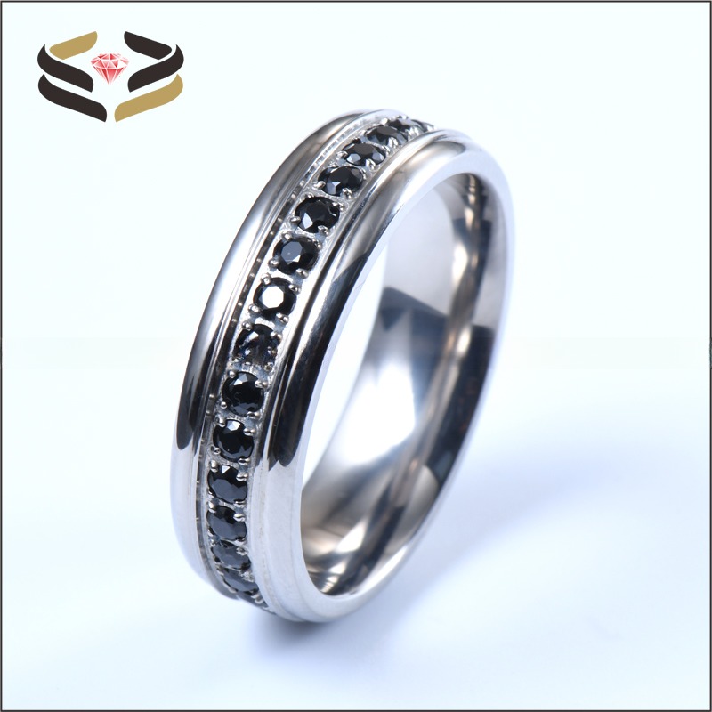 Women Titanium Wedding Rings 6mm With Black Cubic Zirconia Inlay