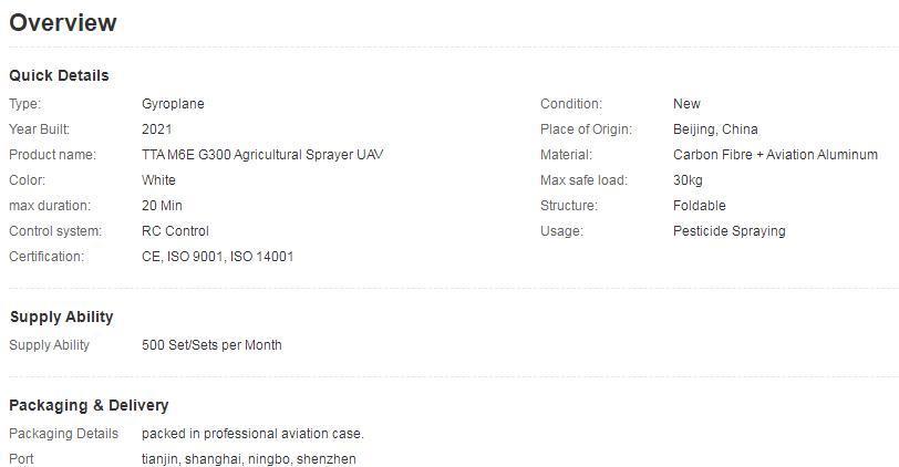Tta M6e G300 Six - Axis Agriculture Sprayer Drone 30L Drone Agriculture Sprayer From Tta Factory