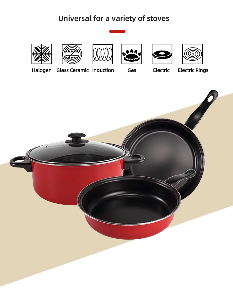 Multifunction Red 4 Pcs Kitchen Cast Iron Cookware Set Non Stick With Bakelite Handle