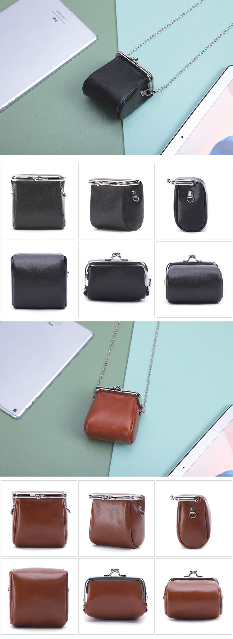Low MOQ Genuine Leather Chain Sling Shoulder Bag for Women Mini Coin Purse Keychain