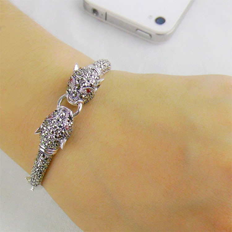 925 Sterling Silver Pave Marcasite Leopard Bangle Bracelet Vintage Jewelry for Women (B6041201)