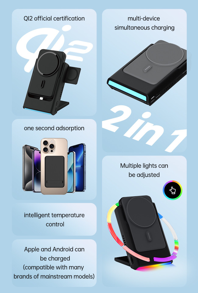 Adjustable Ambient Light 15w Wireless Charger With Power Bank For Travel