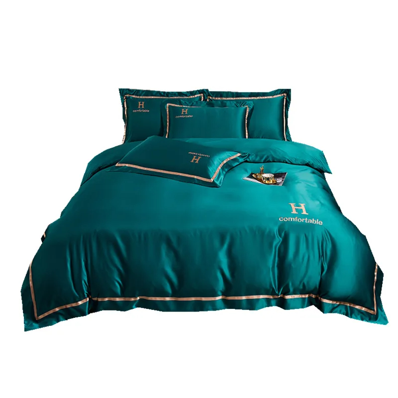 Home Polyester Luxury Embroidered Washing Silk Bedding Set with Solid Color Duvet Cover