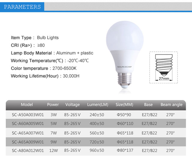 AC85-265V e27 led bulb 9w LED Bulb ODM