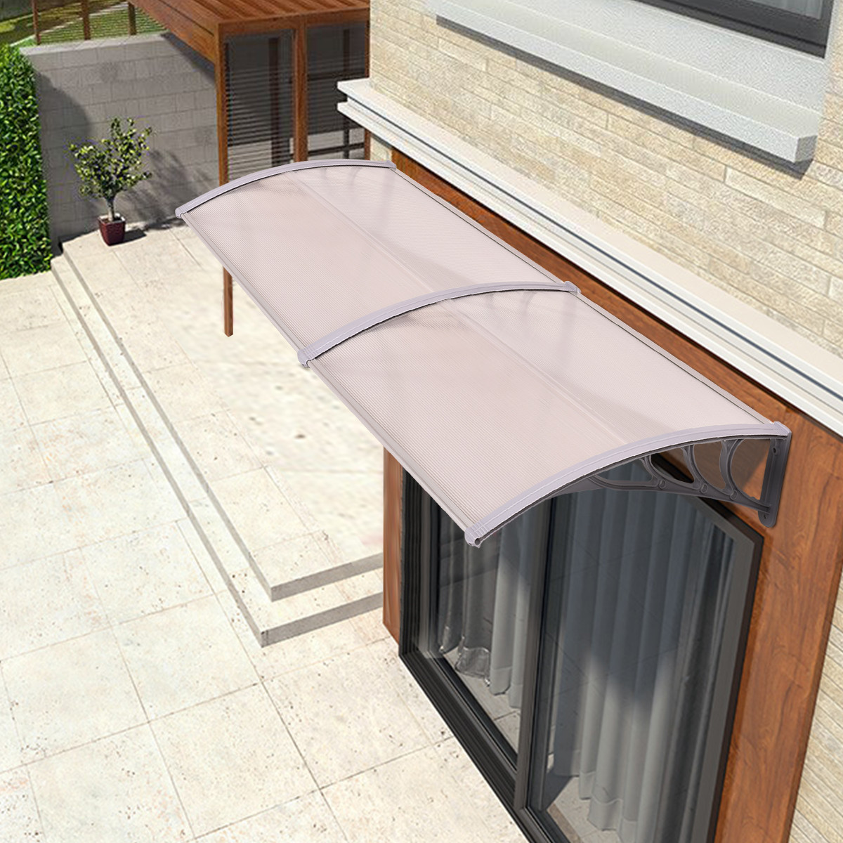 80x240cm Polycarbonate Canopy Window Awning Canopy Window Sun Shade Patio Cover Shelter With Black Support