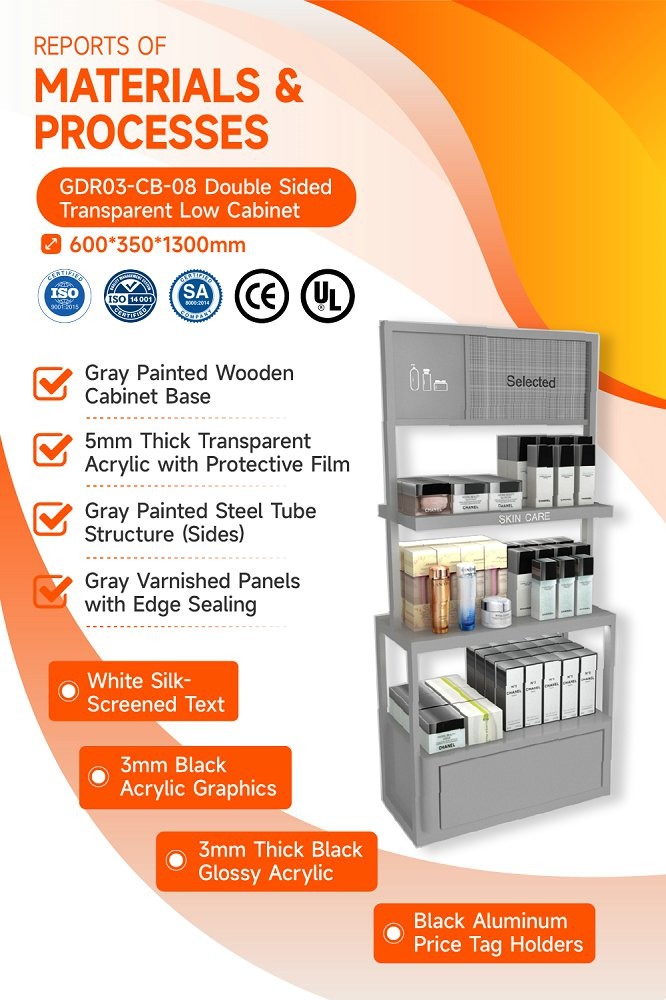 GDR03-CB-08 Double Sided Transparent Low Cabinet with Adjustable Shelves and Luxury Branding Integration for Specialty Beauty Stores
