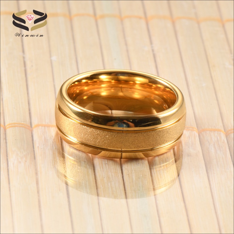 18K Gold Tungsten Ring Sandblasted Center Two Grooved Polished Dome Edges Comfort Fit Third Party Appraisal Wedding Band