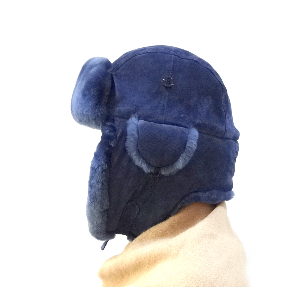 Unisex Top Layer Suede Winter Bomber Hats , Fur Trim Shearling Aviator Hat