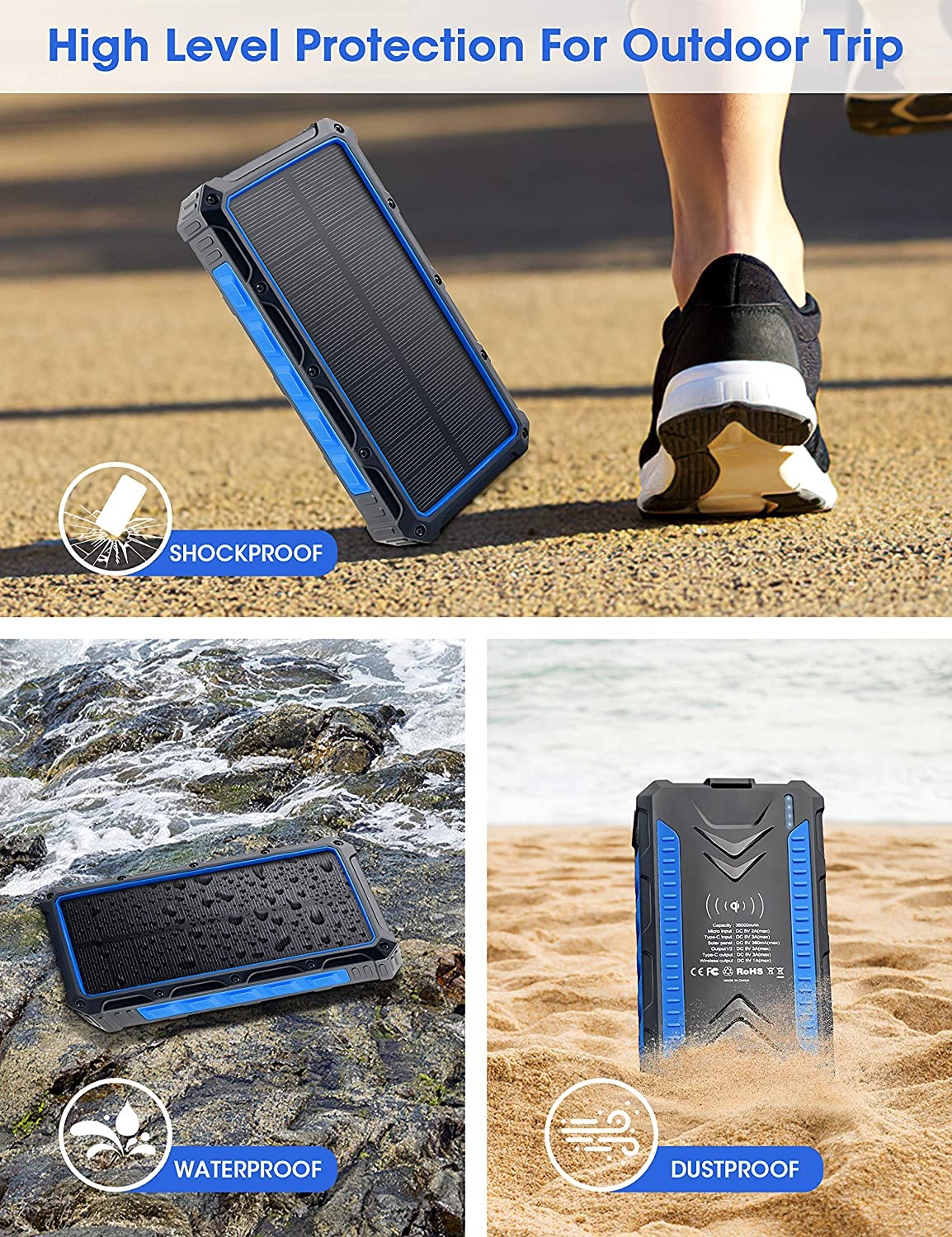 30000mAh Solar Charger Power Bank 36000mah Solar Power Bank 133.2W Wireless Charging