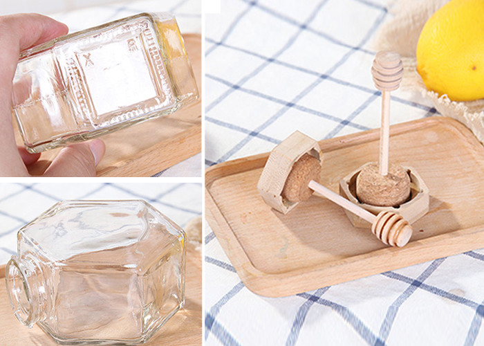 220ml 380ml Hexagonal Glass Honey Jars Wooden Lid OEM ODM Service