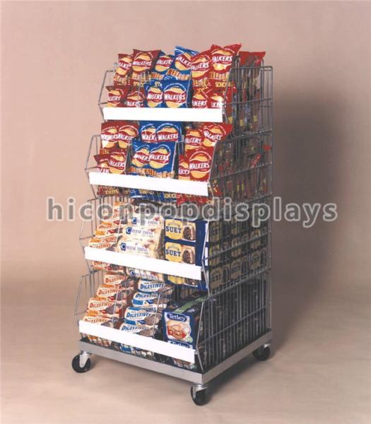 Movable Retail Store Fixtures Freestanding 4 Layer Silver Metal Snack Display