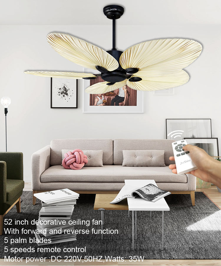 Decorative 5 Palm Leaf Ceiling Fan without Light with Silent Motor and Remote Control