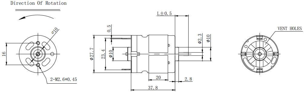 27.7mm 4400rpm RS380 12V DC Electric Motors Dual Shaft  Small High Torque Mini Motor Dimension