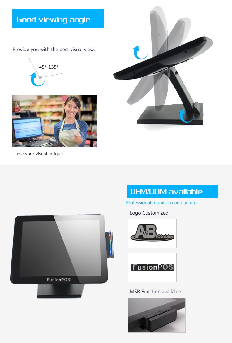 Pure Flat 15 Inch 12DC 5A PCAP POS Touch Screen Monitor For Billing 8 Languages