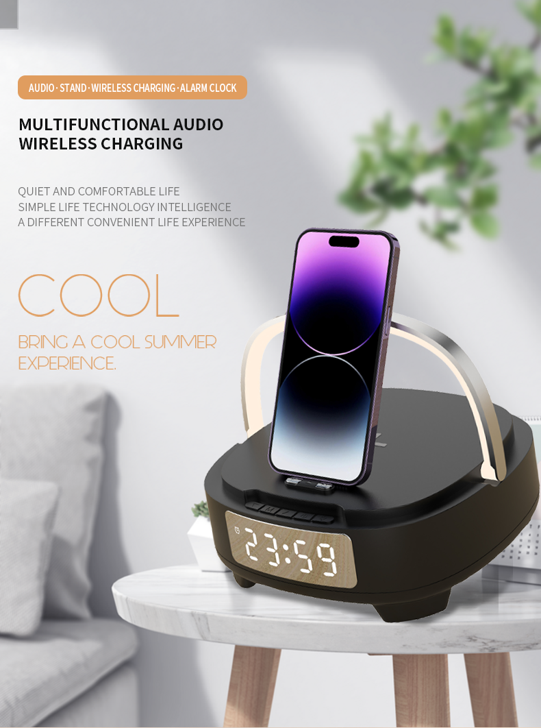 15W Phone Stand Wireless Charger Fast Phone Charging Alarm Clock Bt Speaker For Bedroom