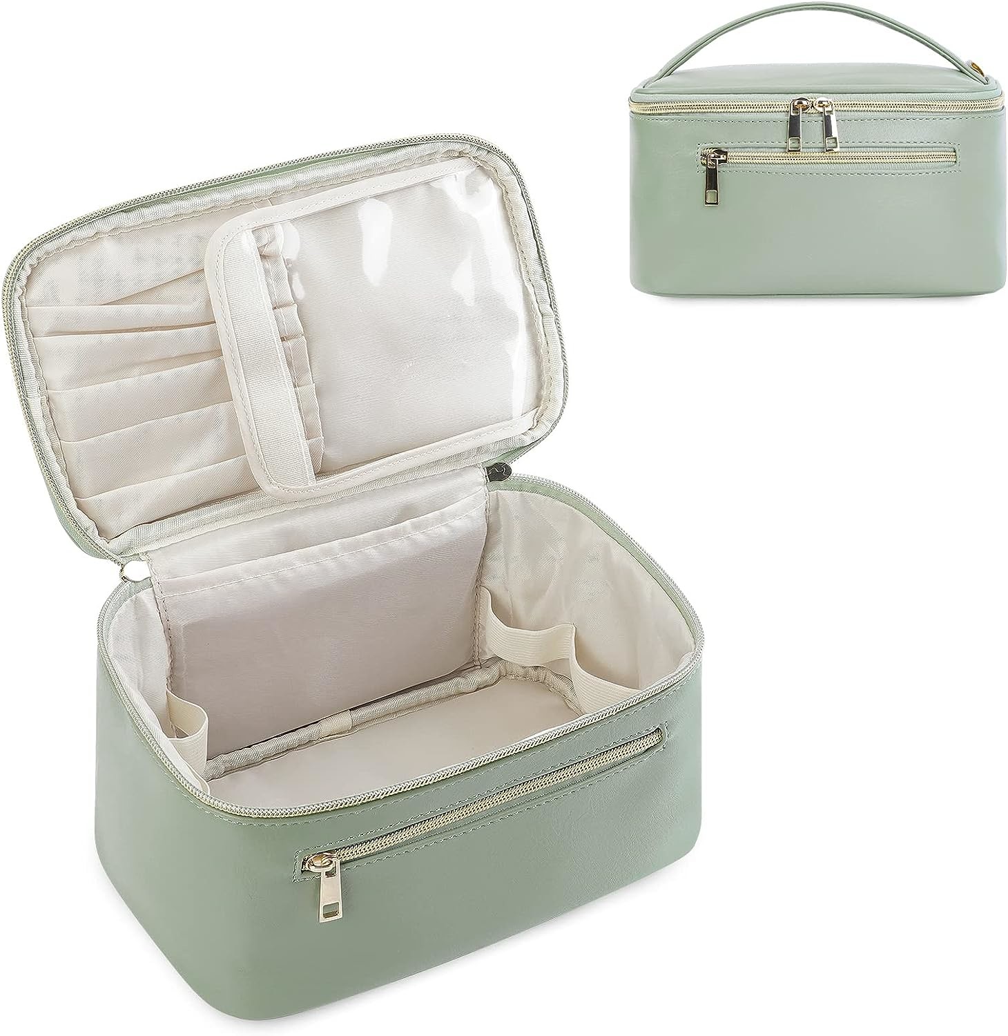 Women Green Travel Makeup Organizer Cosmetic Brush Case in Eco Vegan Leather