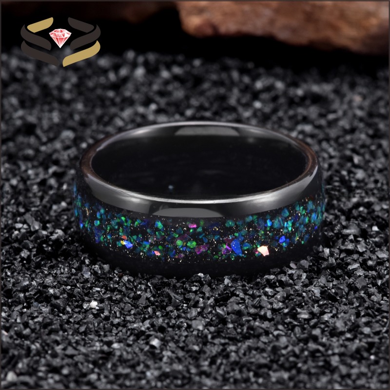 Men'S Domed Black Tungsten Carbide Wedding Band Ring 8mm With Galaxy Opal Inlay