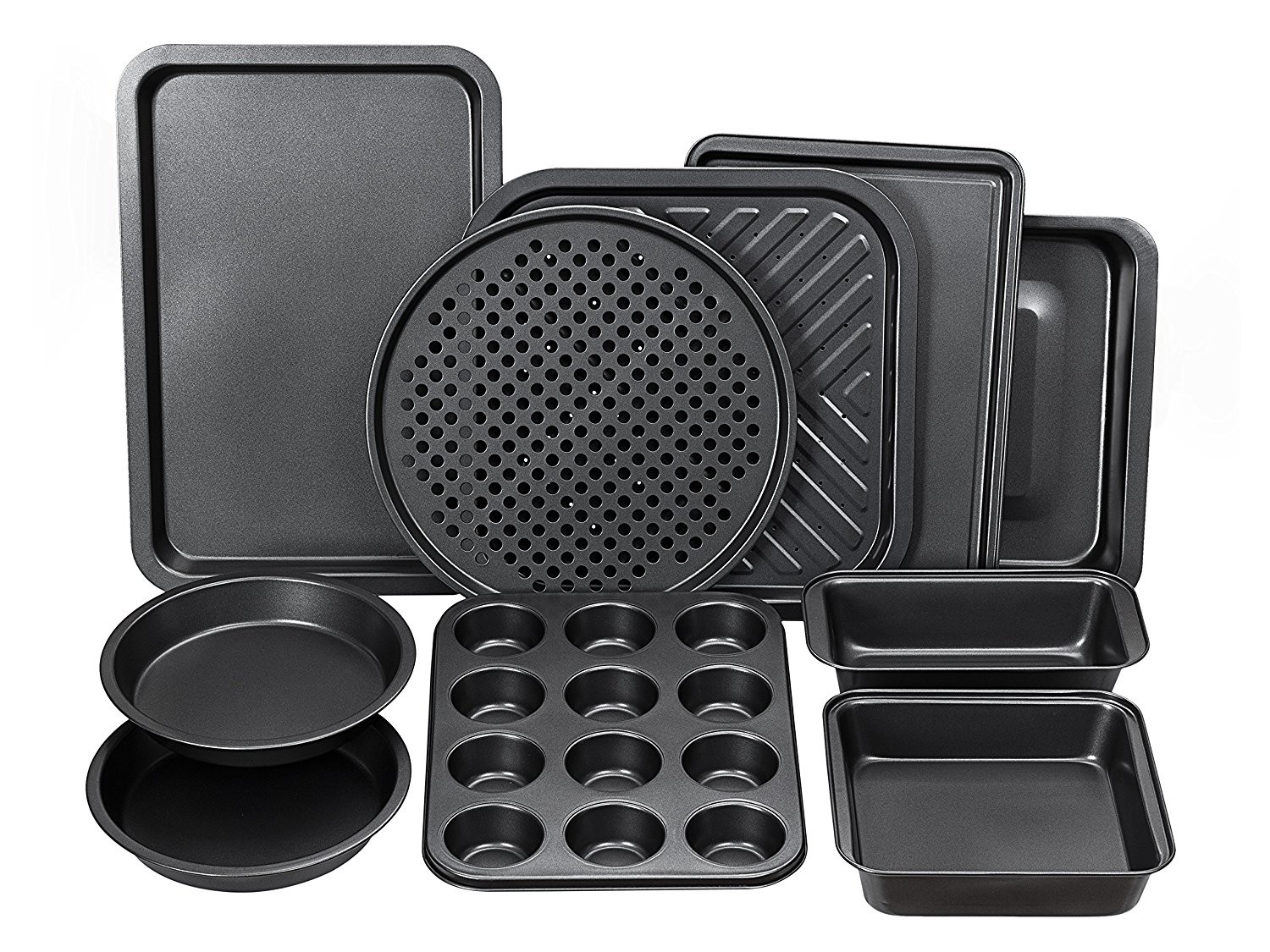 Complete Bakeware Set 10-Piece Non-Stick, Oven Crisper, Pizza Tray, Roasting, Loaf, Muffin, Square, 2 Round Cake Baking