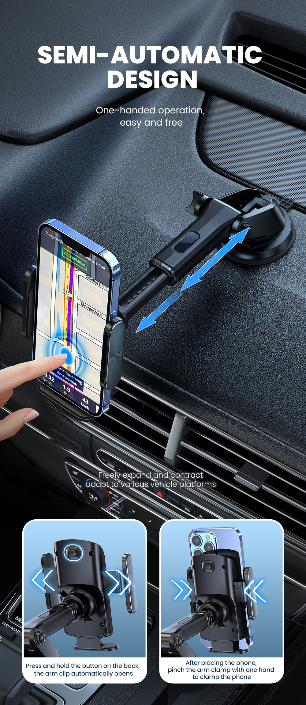 Long Arm Semi Automatic Cell Phone Stand Retractable For Car