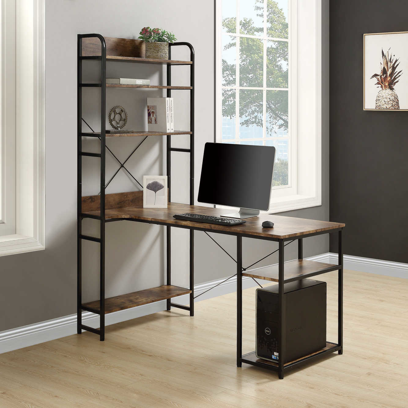 Metal Frame MDF Board Home Office Computer Table With Bookshelf 28.74"H