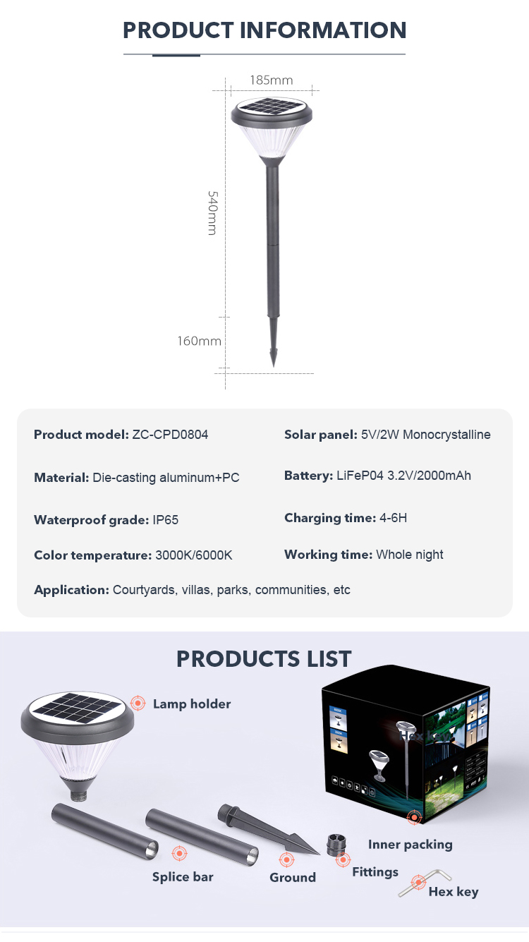 3000k LED Solar Lawn Garden Lights With 2000mAh Battery For Pathway Outdoor Decor