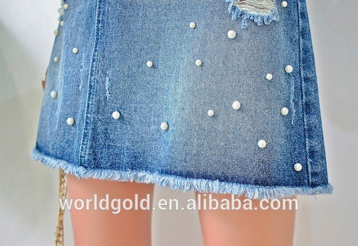 Custom Women A LINE Damaged Denim Skirt With Pearls And Frayed Hem
