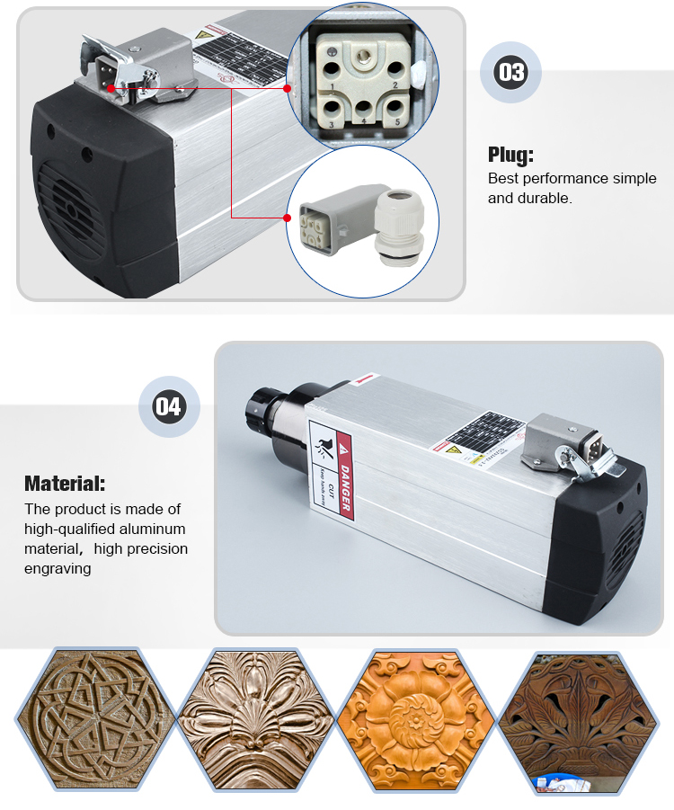 Lightweight 3.5kw Square Air Cooled CNC Spindle Motor for Wood Cutting Machine Weight KG 8