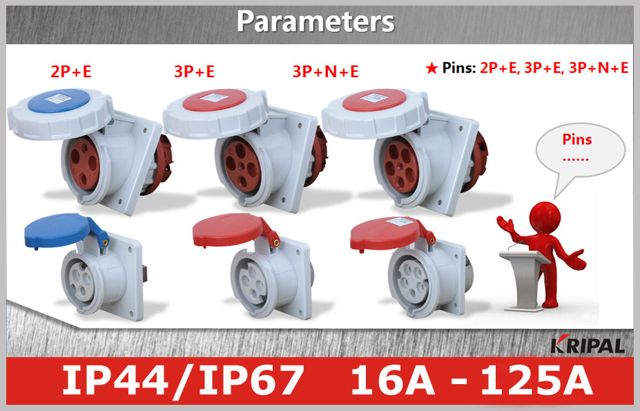 CEE Flanged Industrial Electrical Straight or Angled Flush Mounted Sockets/Receptacle IP44/IP67 Standard16A,32A,63A,125A