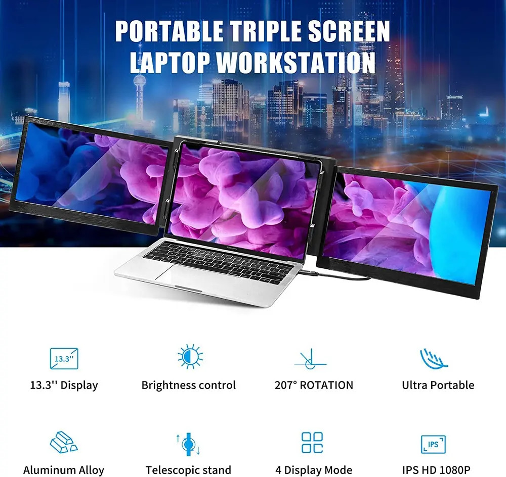 14 Inch Portable Triple Monitor For Laptop Screen Extender 300 Cd/M² 25ms