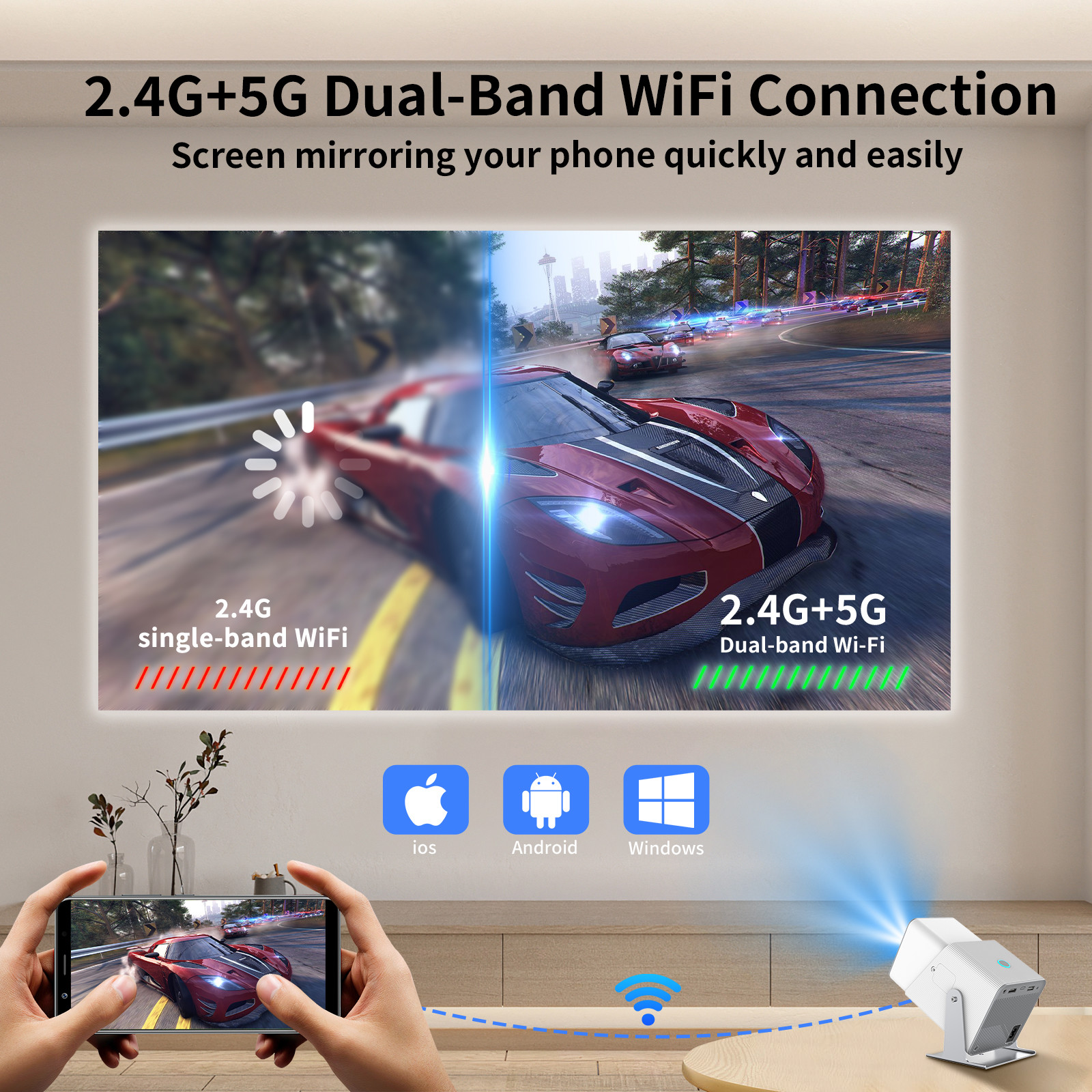 FY360 4K HD Smart LCD Projector High Brightness Home Theater Laser with Android 11.0 BT5.2 Built-in Stereo Sound and US Plug