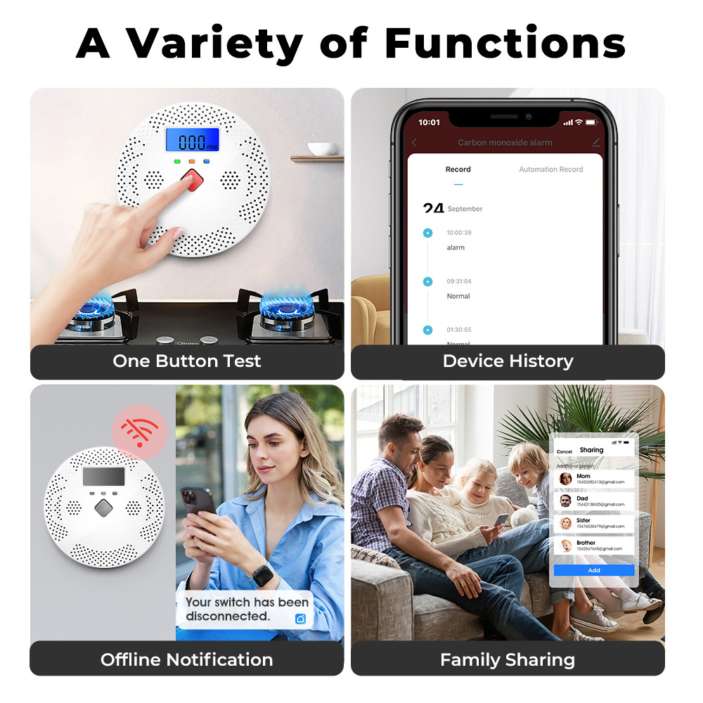Tuya Wifi Carbon Monoxide Detector Smart Air Quality Monitor CO Sound Light Alarm Detector LCD Digital Display Home Air Quality Tester