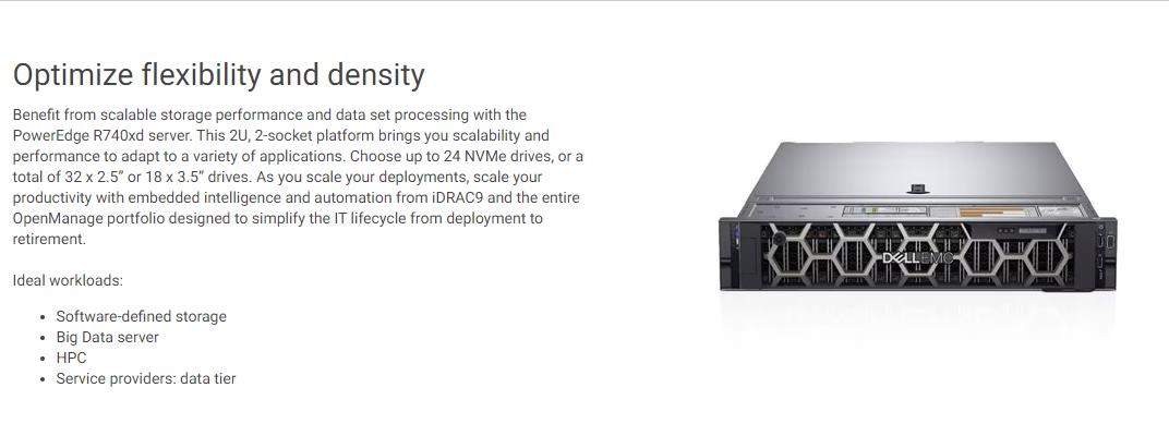 PowerEdge De ll 2U R740XD 6234*2 64G*2 960GSSD SATA 2.4TSAS*6 H750 2400W*2 A100 80G*2 4*GE+2*10GE Rail