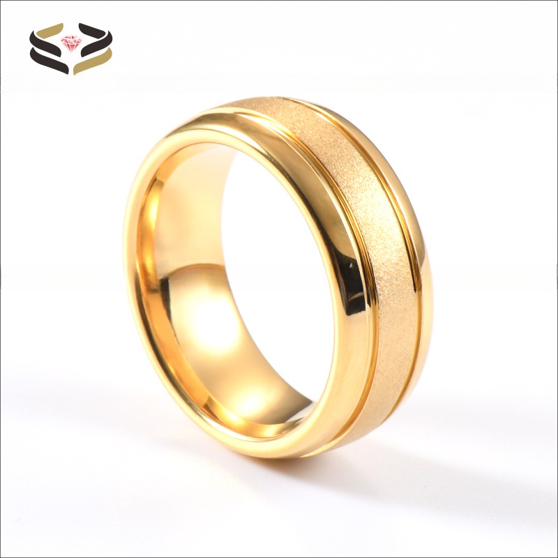 18K Gold Tungsten Ring Sandblasted Center Two Grooved Polished Dome Edges Comfort Fit Third Party Appraisal Wedding Band