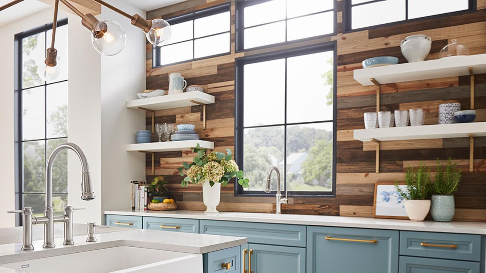 YALIG Shaker Blue Modular Kitchen Cabinets Customized Veneer Color Ready to Assemble