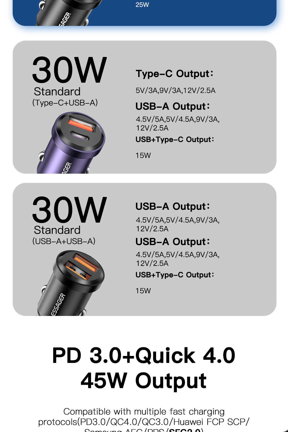 Essager 2022 Gyroscope New USB-A Type-C 30W 45W PD20W Mini Charger Car Charger