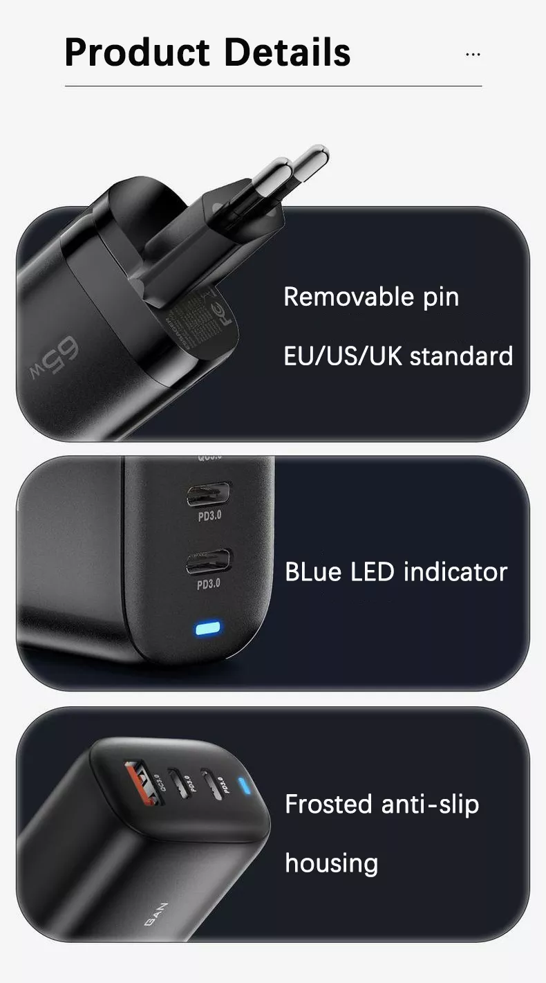 65W USB Type C GAN Wall Charger EU Plug for Fast Charging Laptops and Phones Portable