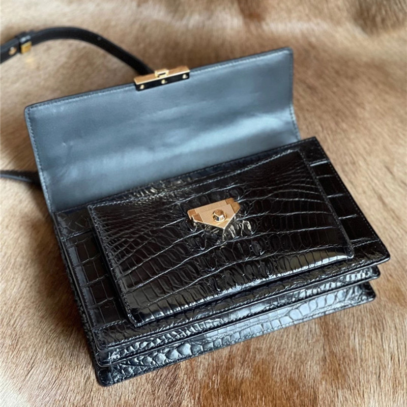 Authentic Crocodile Skin Women's Small Flap Purse Genuine Alligator Leather Two Straps Lady Female Cross Shoulder Bag