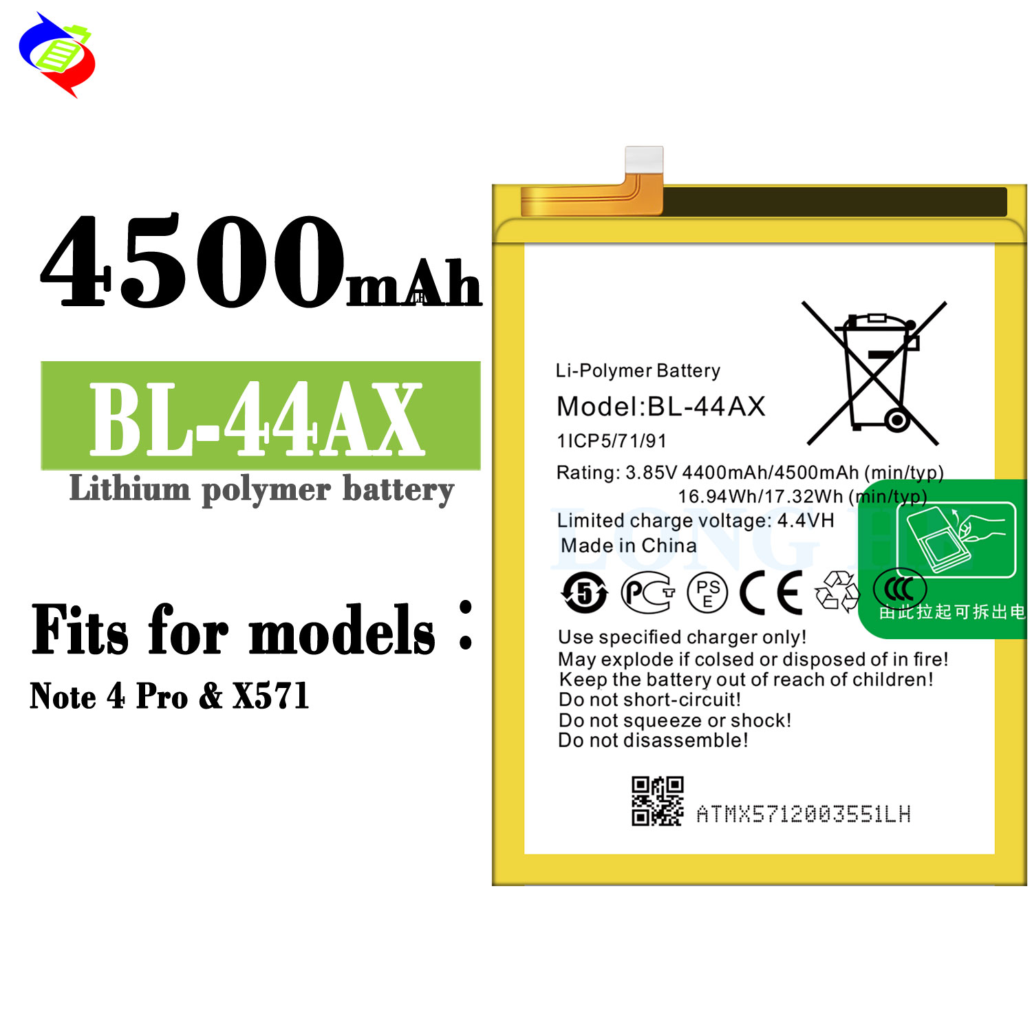 4500mAh BL-44AX X571 Rechargeable Battery for Infinix Note 4 Pro High Capacity White