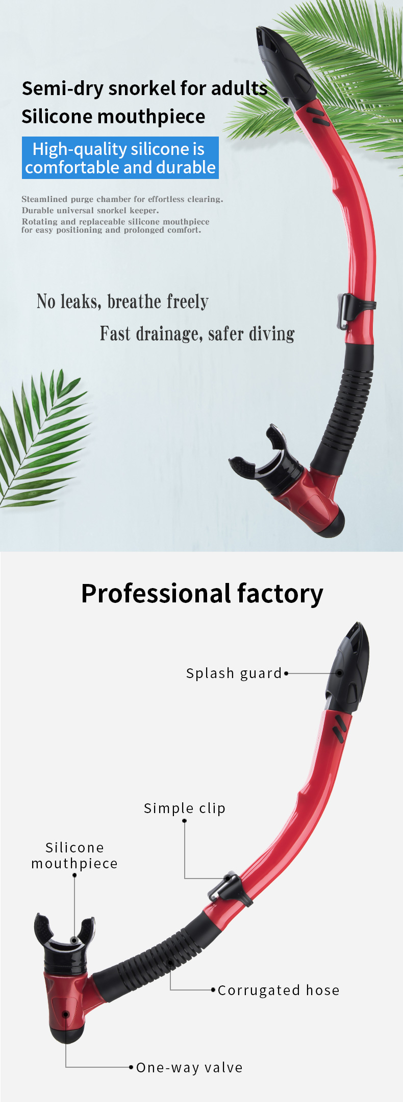 OEM Diving Swim Semi Dry Snorkel Tube For Beginners 47cm