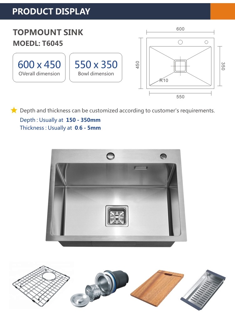 60x45 Topmount Stainless Steel Kitchen Sink Cabinet 16 Gauge