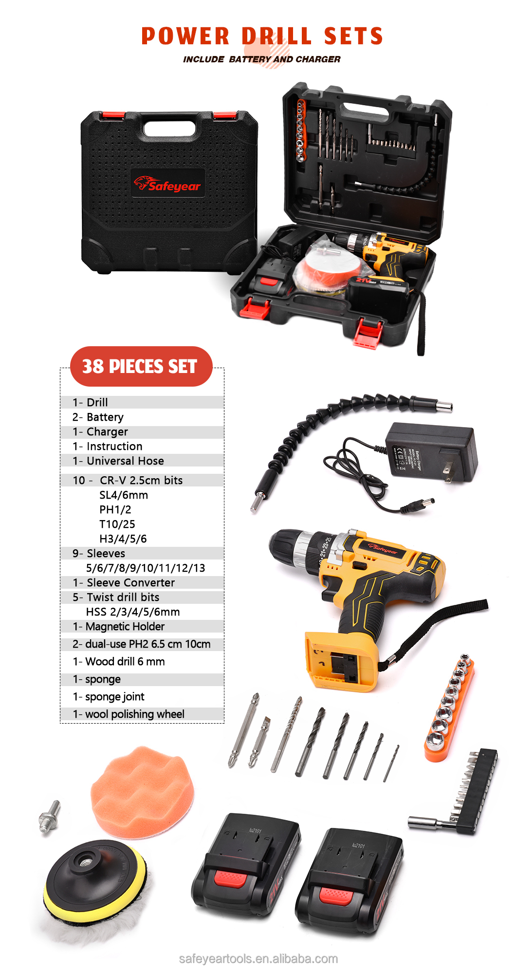21Volt Cordless Power Tools Combo Kits 41PCS Lithium Ion Battery Operated Drill Machine