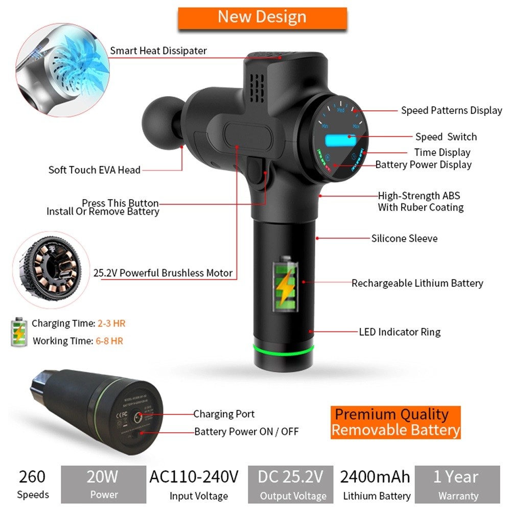 260 Speeds Wireless Handheld Massager Gun Heating Head 24V 20W