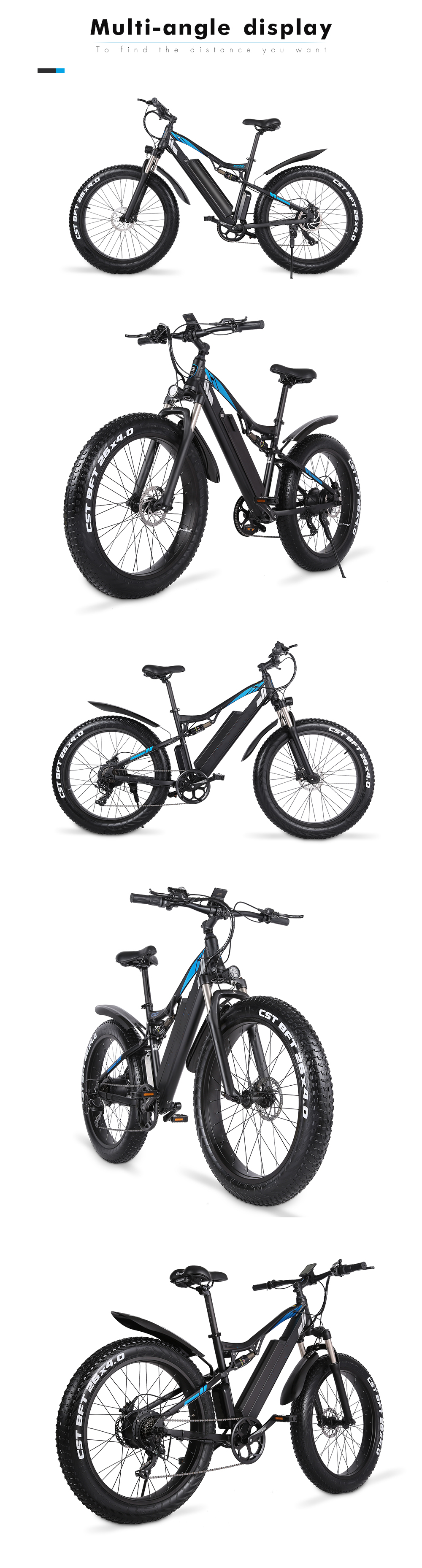 48V 17Ah 1000W Electric Fat Tire Bike 7 Speed Double Suspension Electric Bike