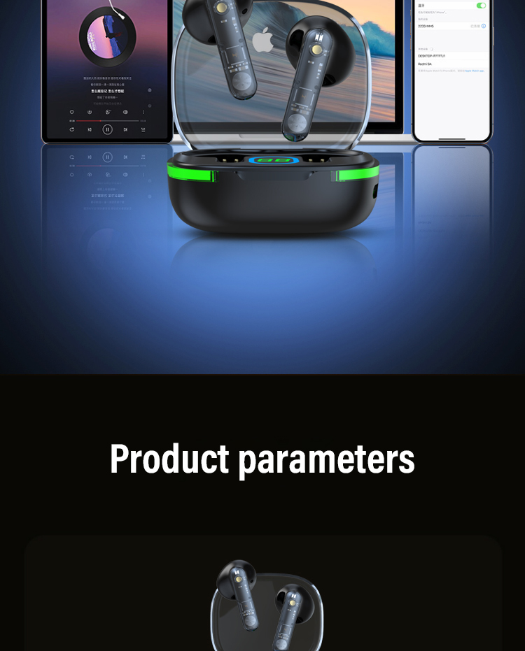 On-Ear Style Waterproof TWS Earphones with Low Latency and Transparent LCD Display