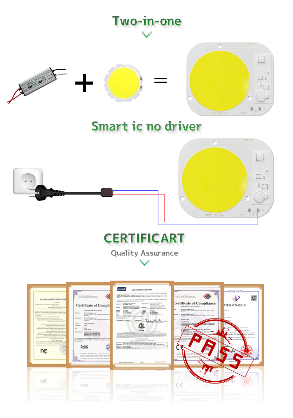 Round 50W LED Chip High Power Driverless Full Spectrum AC220V