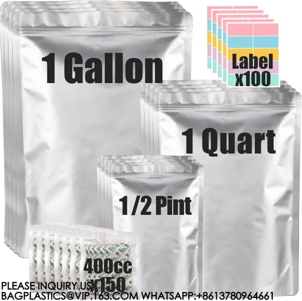 Mylar Bags For Food Storage With Oxygen Absorbers & Labels, 10 Mil Thick 3 Sizes