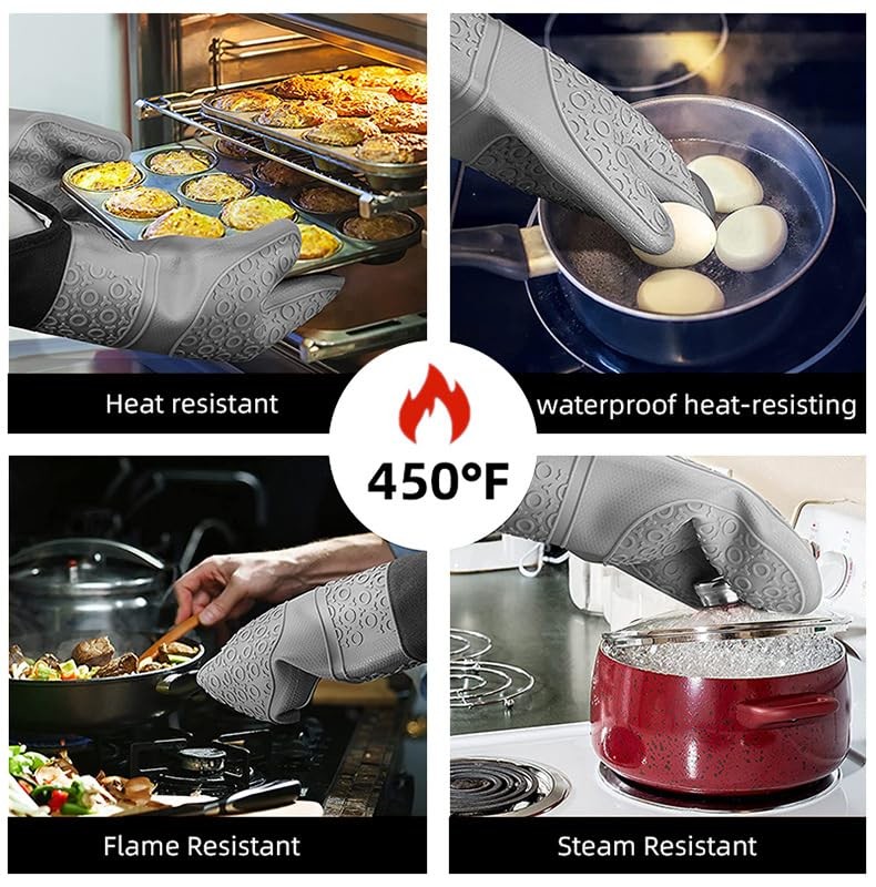Silicone Oven Mitts And Pot Holders Set Heat Resistant To 450℉ Extra Long 15 Inch Professional Silicone Baking Gloves